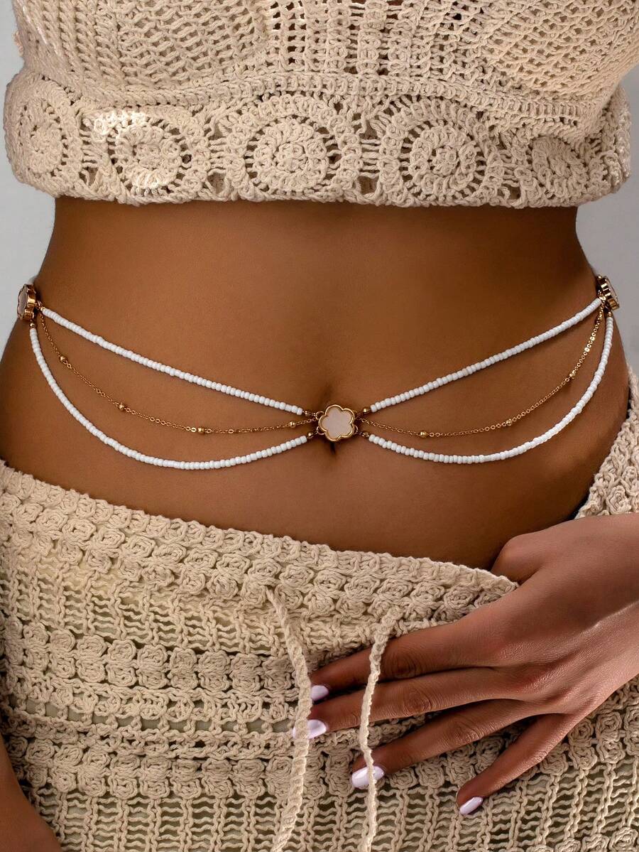 1 pieza Cadena de cintura con flores de metal de varias capas y cuentas, adecuada para usar en la playa y vacaciones, nueva llegada de primavera/verano, personalizada, joyería de estilo europeo y americano - Amarillo Oro - Ver 1