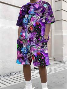 Two-Piece, Distinctive And Intricate, Knitted Fabric, Complex Pattern, Men's Theme Parties, Summer Terrace Soirees, Purple-Black Music Element All-Over Print, Men's Short-Sleeve Beach Pants Set - Multicolor - View 4