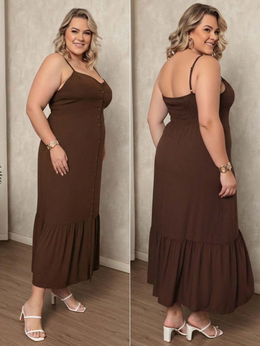 Plus Size Women's Long Plain Strappy Dress For Summer, Lightweight, Comfortable With Built-In Bra And Front Buttons - 鏽棕色 - 查看 1