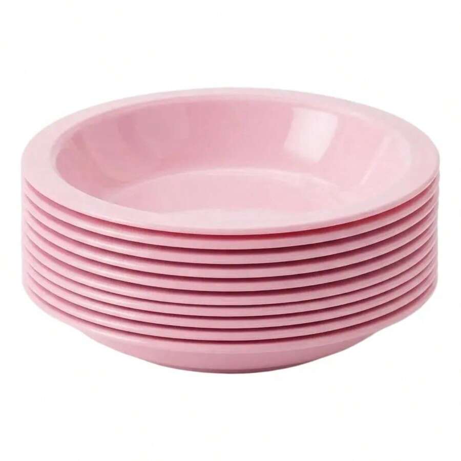 Set Of 10 Round Plastic Deep Plates For Meals - Baby Pink - View 1