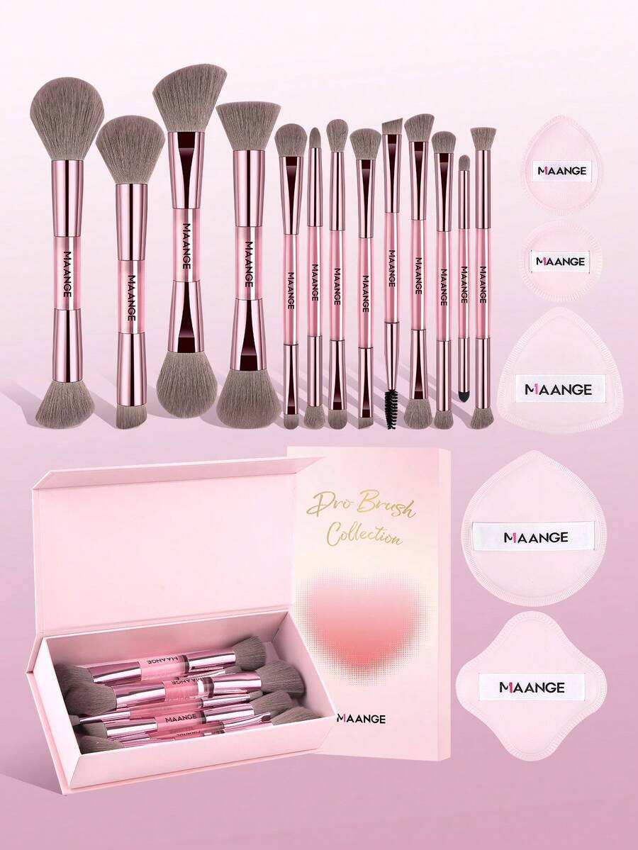 MAANGE 13/18件套化妆刷套装，包含13支双头化妆刷和5个化妆海绵配件，内含腮红刷、粉底刷、散粉刷、眼影刷、睫毛刷、晕染刷、轮廓刷、高光刷、眉刷、遮瑕刷，是送给女性和女孩的理想礼物。 - 粉色 - 查看 1