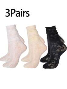 1 Pair/3 Pairs Lace Trim Mid-Calf Socks, Women's Breathable Sheer Ballet Style Long Socks, Thin For Spring And Summer - Multicolor - View 8