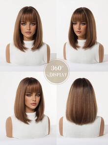 12 Inch Machine Made Heat Resistant Synthetic Wig With Bangs, Light Brown Highlight Layered Bob Wig For Daily Wear & Party Looks - Brown - View 7