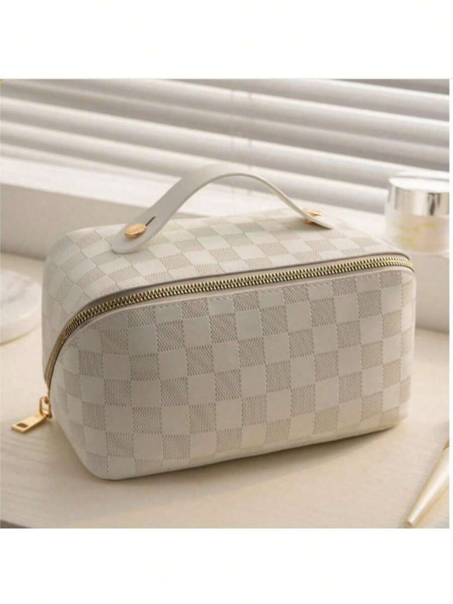 1pc Large Capacity Portable INS New Checkerboard Makeup Bag, Pencil Case, Stationery Box, Convenient Travel Tote - Single Piece - View 1