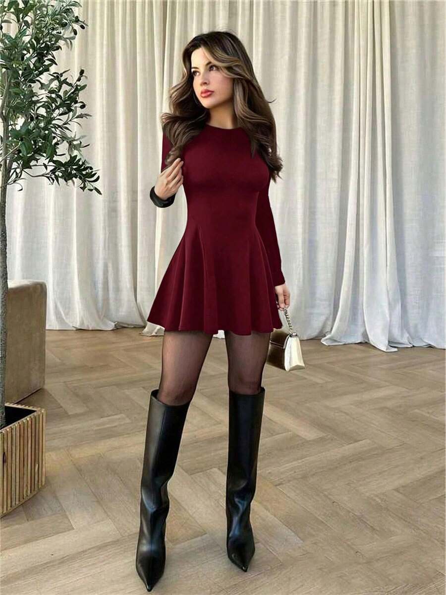 Vuslat 女士纯色长袖修身系带伞裙连衣裙，修身系带长袖连衣裙，修身喇叭下摆酒红色连衣裙，性感、简约、休闲、百搭，荷叶边下摆迷你连衣裙，适合度假、约会、婚礼、派对、婚礼宾客等场合。 - 酒紅色 - 查看 1