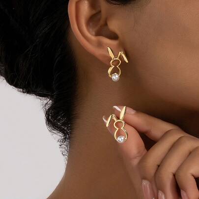 2pcs/Set Gold Hollow Faux Pearl Rabbit Earrings, Elegant Versatile Easter Bunny Shaped Earrings, Suitable For Daily Wear, Spring/Summer Holiday Atmosphere Matching Earrings, Suitable For Valentine's Day, Birthday, Holiday Gift Accessories
