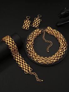 Gold Chunky Chain Necklace, Earrings, Bracelet Jewelry Set For Women, Suitable For Party, Wedding, Dubai, Nigeria Bridal Wedding Jewelry Accessories - Gold - View 2