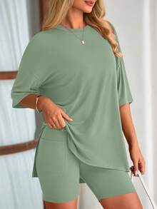 Women's Summer Clothes 2 Piece Sets Lounge Set Casual Oversized Shirts Biker Shorts Matching Airport Travel Sweatsuit Set Women Vacation Outfit Bean Green Summer Brunch Outfits For Women - 豆綠色 - 查看 3