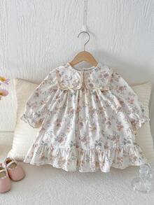 Baby Girls' Floral Print Ruffled Collar Princess Dress, Spring/Autumn - Apricot - View 8