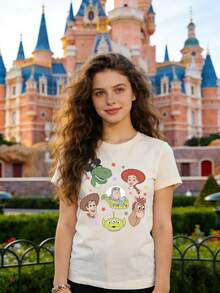 Disney Authorized Women's Casual Short Sleeve T-Shirt,  Characters Collection Print, Woody & Buzz  Cartoon Pattern, Cute Childlike Style, Breathable Comfortable Fabric, Machine Washable, For Daily Wear & Theme Park Outfits - Màu be - Xem 1