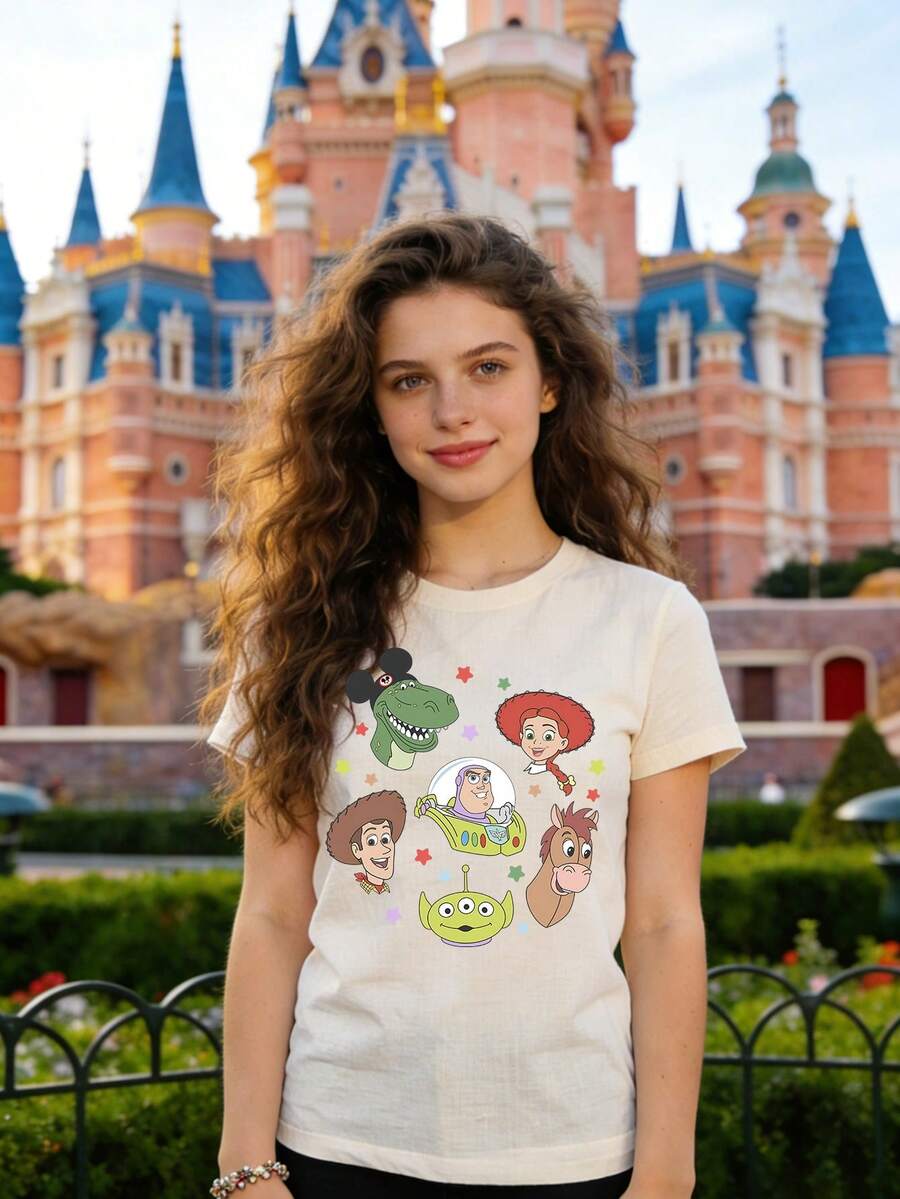 Disney Authorized Women's Casual Short Sleeve T-Shirt, Characters Collection Print, Woody & Buzz Cartoon Pattern, Cute Childlike Style, Breathable Comfortable Fabric, Machine Washable, For Daily Wear & Theme Park Outfits - Màu be - Xem 1