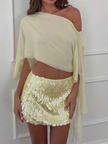 Women's Ruched Cape One Shoulder Poncho Double Layer Shrug See Through Flowy  Asymmetrical Neck Fitted Crop Top - Yellow - View 4