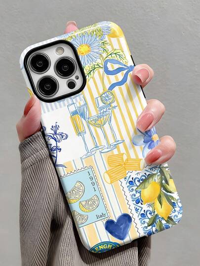 1pc Collage Art Fresh Delicate Striped Lemon Bow Floral Pattern Glossy 2-In-1 Filmstrip Hard Phone Case Compatible With Samsung/Compatible With IPhone 11/12/13/14/15/16/17 Pro Max