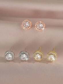 1 Pair Round Cubic Zirconia Decor Stud Earrings For Women Wedding Dresses Dating Gift - Gold - View 5