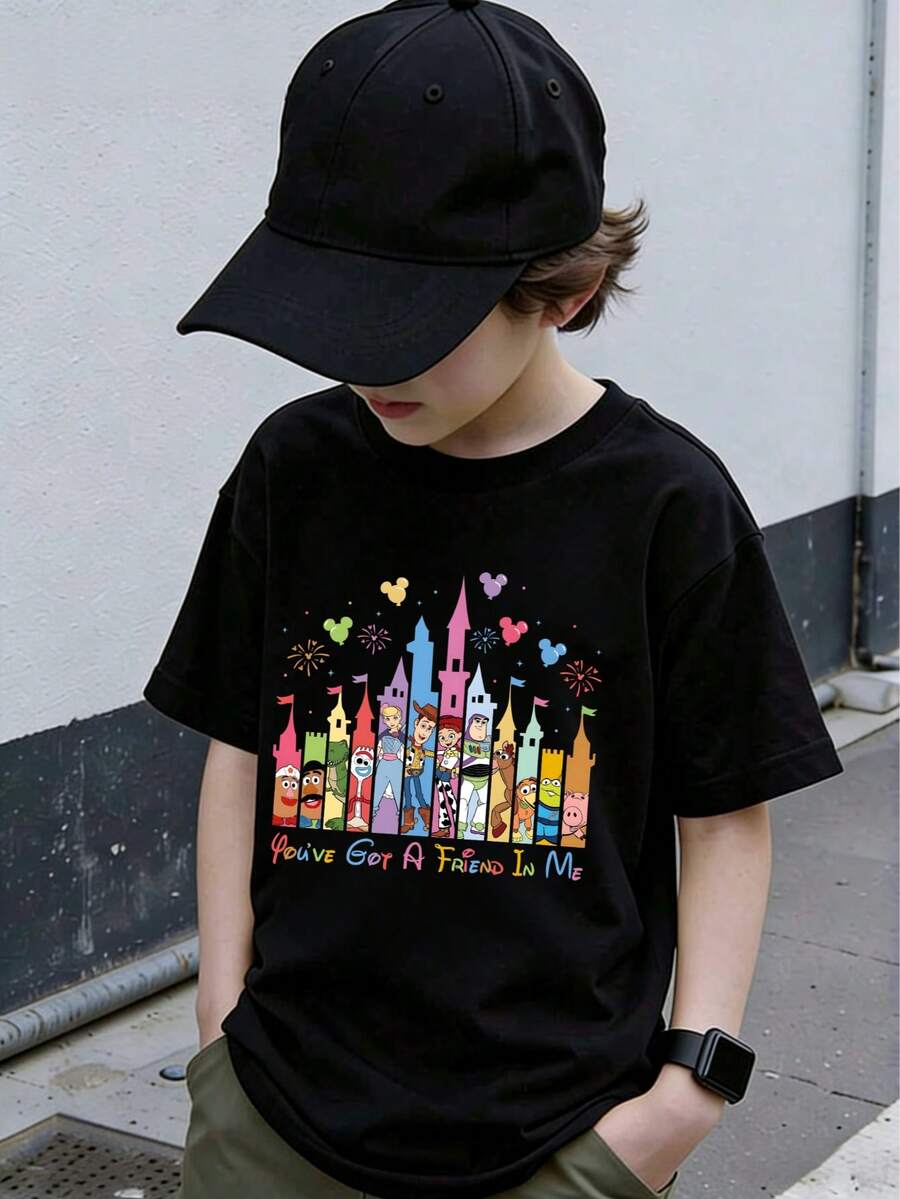 Officially Licensed Disney Toy Story Kids' T-Shirt - Unisex For Boys & Girls 2-14 - Colorful Character & Castle Print - Comfortable All-Season Casual Top - Express Delivery - Black - View 1