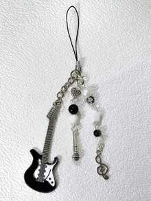 轻巧多元素串珠挂绳，摇滚风格吉他麦克风音符串珠钥匙扣，独特设计，可挂在包包、车钥匙上，适合作为礼物送给母亲、家人、朋友，生日、节日、手机挂饰、周年纪念日、春季生日礼物。 - 黑銀 - 查看 2