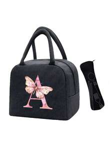 Pink Butterfly & Letter Pattern Insulated Lunch Bag, Thermal Lunch Box, Suitable For Students, Office, Camping, Picnic, School, University, Lightweight Portable Canvas Lunch Storage Bag - Multicolor - View 15