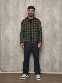 Men's Flannel Plaid Shirt, Long Sleeve Blouse - 軍綠色 - 查看 1