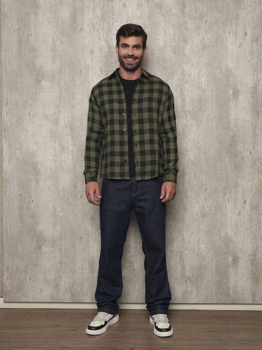 Men's Flannel Plaid Shirt, Long Sleeve Blouse - 軍綠色 - 查看 1