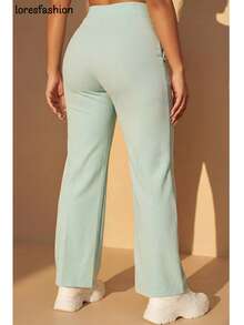 Pantalón de vestir mujer cintura alta pierna ancha stretch crepé casual elegante para oficina reuniones eventos bolsillos pretina elasticada botón forrado antiarrugas sin transparencia suave - Celeste - Ver 4