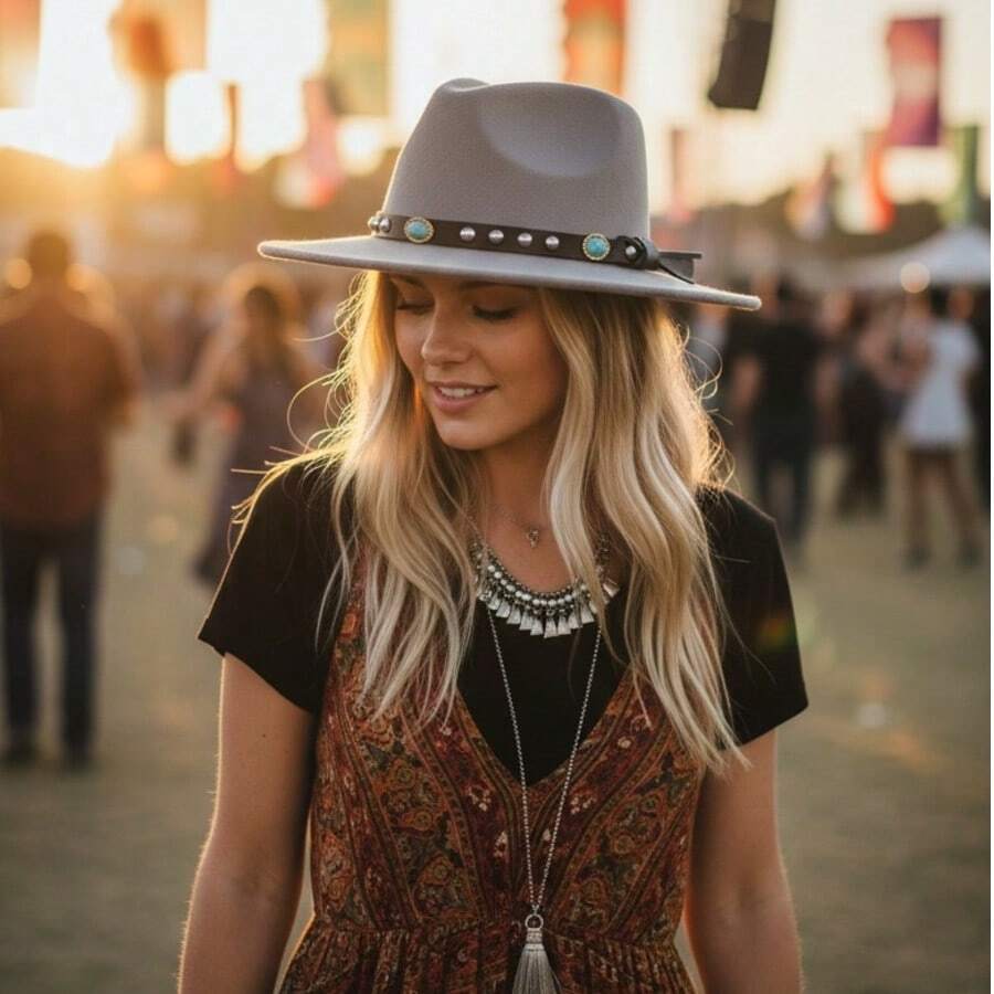 Felt Fedora Hat With Leather Band And Emerald, Medium Brim - 灰色 - 查看 1