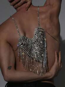 Sparkling Crystal Heart Shaped Back Chain Necklace, Women's Jewelry, Bridal Shoulder Tassel Crystal Body Chain, Fashion Wedding - Silver - View 1