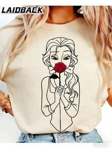 LAIDBACK "Princess & Rose" Graphic Print Oversized T-Shirt, Unisex Short Sleeve Crew Neck Tee, Whimsical Fairy Tale Aesthetic Top, Minimalist Line Art Design, Perfect For Movie Nights, Casual Outings, Daily Wear & Storybook Style Fans, Ideal Gift For Gen Z, Trendsetters & Comfort Seekers, Soft Breathable Cotton Fabric - 杏色 - 查看 1