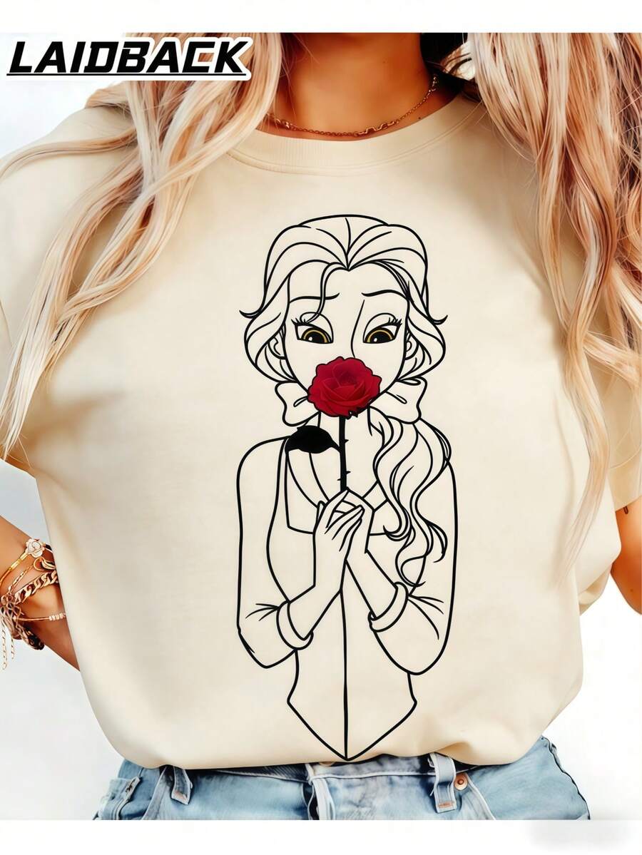 LAIDBACK "Princess & Rose" Graphic Print Oversized T-Shirt, Unisex Short Sleeve Crew Neck Tee, Whimsical Fairy Tale Aesthetic Top, Minimalist Line Art Design, Perfect For Movie Nights, Casual Outings, Daily Wear & Storybook Style Fans, Ideal Gift For Gen Z, Trendsetters & Comfort Seekers, Soft Breathable Cotton Fabric - 杏色 - 查看 1