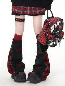 1 双黑红格子轻薄多层保暖腿套，饰有星形拼接和拉链设计，小众风格 - 黑色 - 查看 4