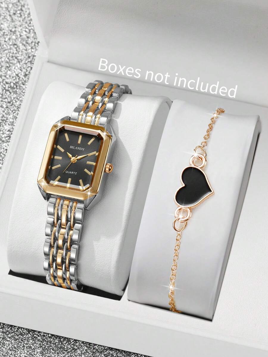 2pcs/Set Women's Gift Rectangular Minimalist Scale Dial Elegant Quartz Watch + Heart Charm Bracelet (Watch Box Not Included) - Multicolor - View 1
