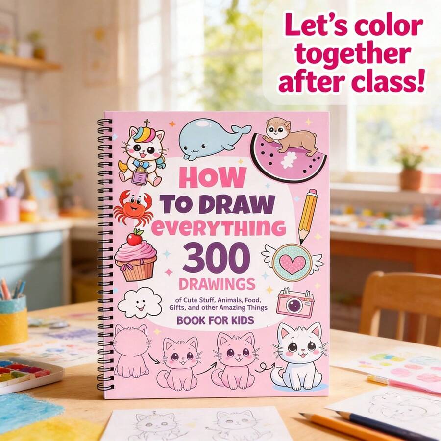 [Back To School Essential] 300 Beginner's Drawing Tutorials | Animals + Food + Gifts + Cute Items | Step-By-Step Instructions, Friendly For Beginners | Spiral Binding For Easy Flipping, Kids-Friendly Illustrated Handbook - Single Piece - View 1