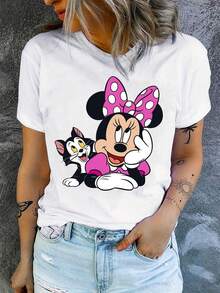 1pc Disney IP Authorized Minnie Mouse Graphic Print Short Sleeve T-Shirt, Round Neck, Stretchy, Easy Care Material, Suitable For Daily Wear, Fashionable Women's Short Sleeve T-Shirt, Casual Wear - White - View 3