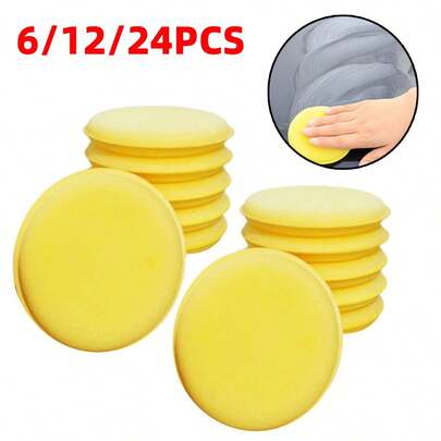 6/12/24PCS Car Waxing Yellow Sponge Polishing Sponge Car Detail Coating Pad Round Superfine Fiber Foam Sponge Car Body Beauty Car Care Cleaning Sponge