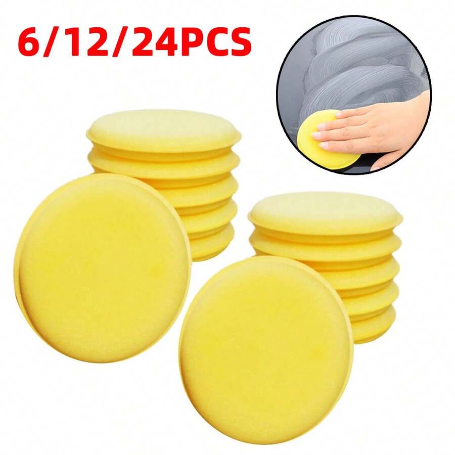 6/12/24PCS Car Waxing Yellow Sponge Polishing Sponge Car Detail Coating Pad Round Superfine Fiber Foam Sponge Car Body Beauty Car Care Cleaning Sponge - A - View 1