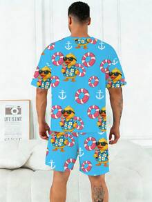Plus Size Men's Pajama Set | Round Neck Short Sleeve Top And Elastic Waist Casual Shorts, 2 Pieces Set | Polyester Knit Fabric, Skin-Friendly Breathable Loose Fit | Cute Swimming Ring Beach Duck Print Casual Design - Teal Blue - View 6
