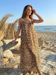 2026夏季新款法式优雅渐变宽松中长沙滩连衣裙，女士专属旅行风吊带连衣裙，适合度假派对 - 棕色 - 查看 7