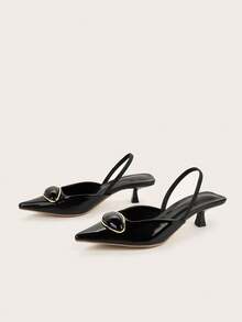 Women's 2025 New Fashion Metal Buckle Pointed Toe High Heel Pumps, Elegant Design,Kitten Heels - Black - View 3