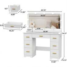 Vanity Desk With 38" Large Mirror And 9 LED Lights & Glass Top And Power Outlet, Adults Makeup Vanity With Chair And 7 Storage Drawers, Dressing Table Set For Bedroom, Modern White - 白色 - 查看 2