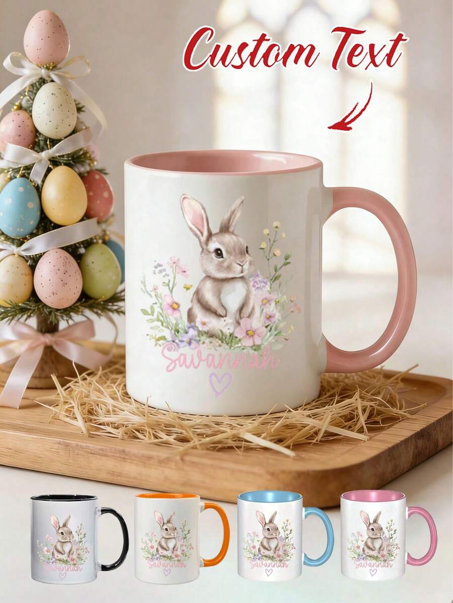 Custom Name Easter Mug – Personalized Bunny Love Rabbit Design,Bunny Rabbit & Flowers, Custom Mug, Easter Gift, Perfect For Friends, Her, Animal Lovers, Valentine's Day, Coffee & Tea Time, Daily Use, Home & Office, Special Occasions - Multicolor - View 1