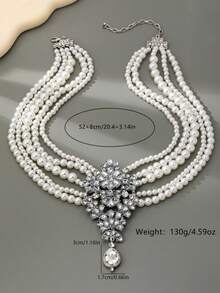 【奢华珍珠项链】优雅多层仿珍珠项链 - 奢华水晶吊坠，女士派对宴会配饰 - 珍珠款 - 查看 4