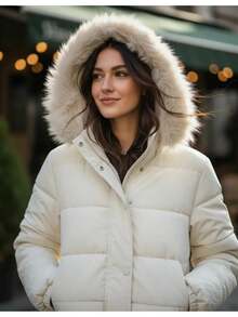 Women's Winter Jacket With Lined Puffer Hood And Fleece Lining - 米色 - 查看 2
