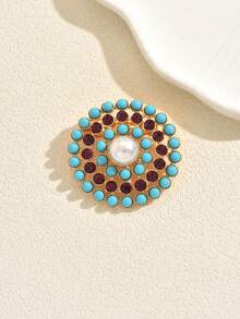 1pc Rhinestone & Seed Bead Hollow Round Brooch, Bohemian Style, Suitable For Women's Party & Gathering - Multicolor - View 3