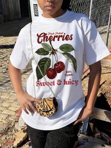 女童樱桃水果印花短袖T恤，甜美清新ins风休闲度假上衣，复古植物图案圆领 - 白色 - 查看 2