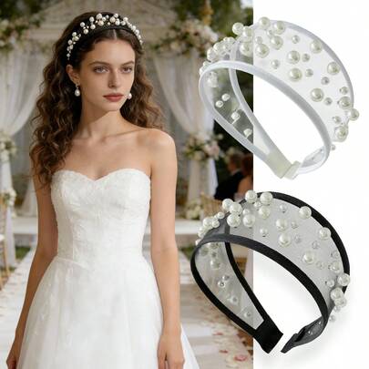 1件装（婚礼季）女士优雅珍珠网纱发箍，黑色、白色，网纱发带，高冠发型装饰，适合日常、派对、新娘婚礼造型，时尚别致的发饰