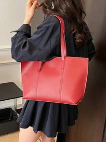 两件套纯色大容量单肩手提包和手拿包，采用PU皮革材质，适合女孩、女士日常使用、工作和购物，也可作为母女装，是母亲节的最佳礼物之选。 - 紅色 - 查看 6