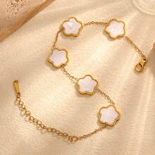 1pc Middle East Popular New Fashion 5-Leaf Clover Titanium Steel 18K Gold Plated Mother Of Pearl Bracelet, Non-Fading Women Jewelry - Multicolor - View 7