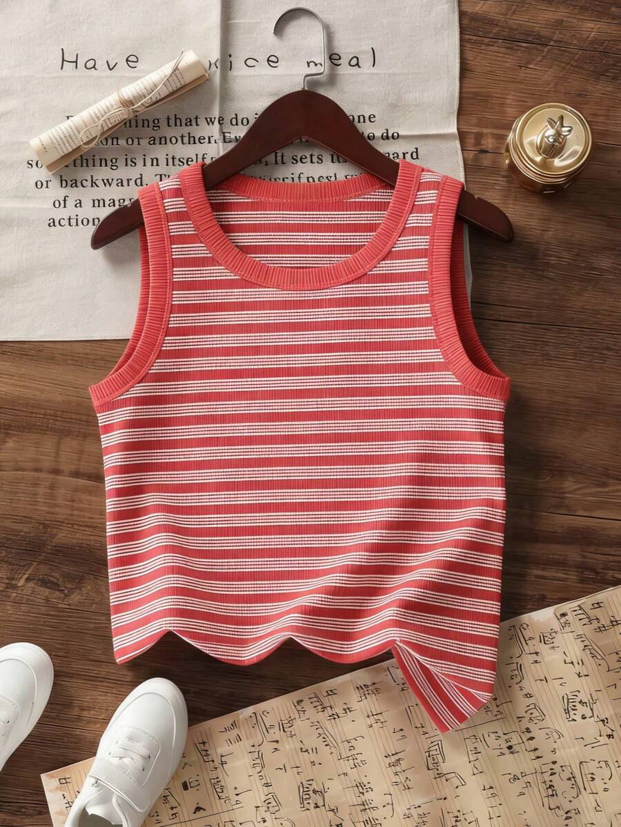 Áo ba lỗ kẻ sọc cho bé gái, kiểu dáng tối giản, đa năng, phù hợp cho các hoạt động ngoài trời/mặc hàng ngày, thoải mái, có thể giặt máy. - Màu Hồng Tươi - Xem 1
