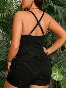 Plus Size Casual Ribbed Knit Romper With Plunge Neck Drawstring Detail Short Length, Sleeveless One-Pieces - 黑色 - 查看 5