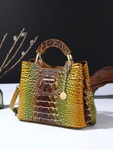 Elegant Crocodile Print Small Handbag, Fashionable Single-Shoulder Crossbody Wallet For Ladies, High-End Small Handbag With Multiple Compartments For Daily Use - 6#黃+棕 - 查看 2