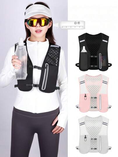 1 pieza Chaleco ligero de running con mochila para mujer, con diseño de almacenamiento multifuncional, adecuado para senderismo al aire libre, ciclismo, running, escalada y otras actividades deportivas. Tiras reflectantes, transpirable y resistente al agua.